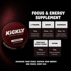 Kickly focus and energy supplement packaging with ingredient information on a dark background